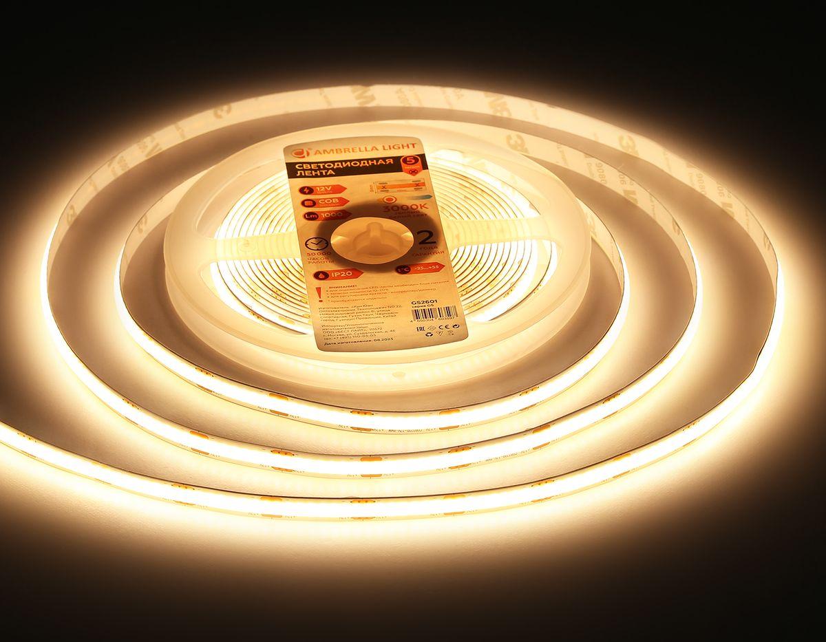 фото светодиодная лента теплый белый ambrella light 10w/m 320led/m cob 3000к 5m gs2601 | 220svet.ru