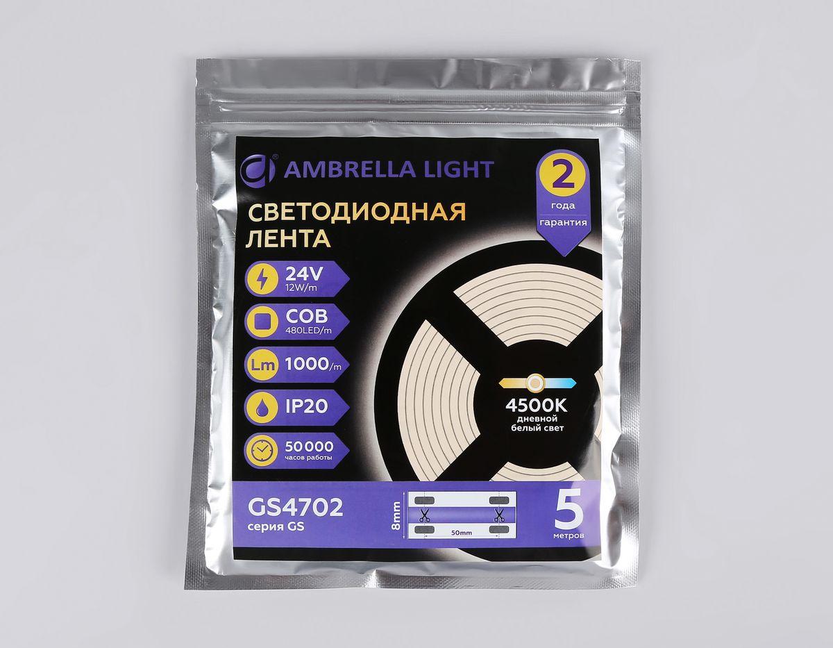 фото светодиодная лента дневной белый ambrella light 12w/m 480led/m cob 3000к 5m gs4702 | 220svet.ru