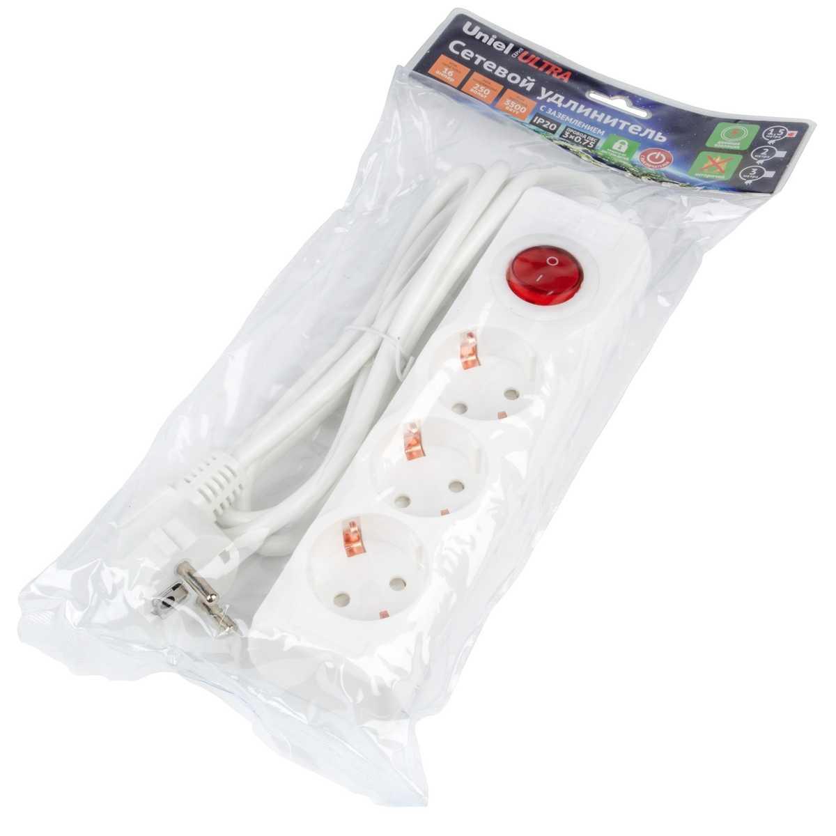 фото удлинитель uniel ultra 3гн х 1,5м с/з s-gcu3-1,5b white ul-00010013 | 220svet.ru