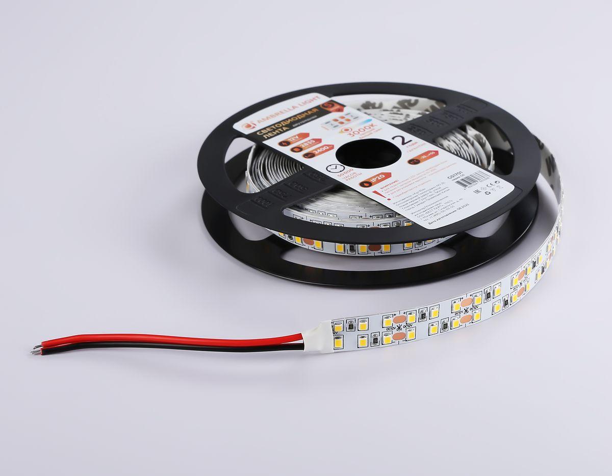 фото светодиодная лента теплый белый ambrella light 24w/m 240led/m 2835smd 3000к 5m gs1701 | 220svet.ru