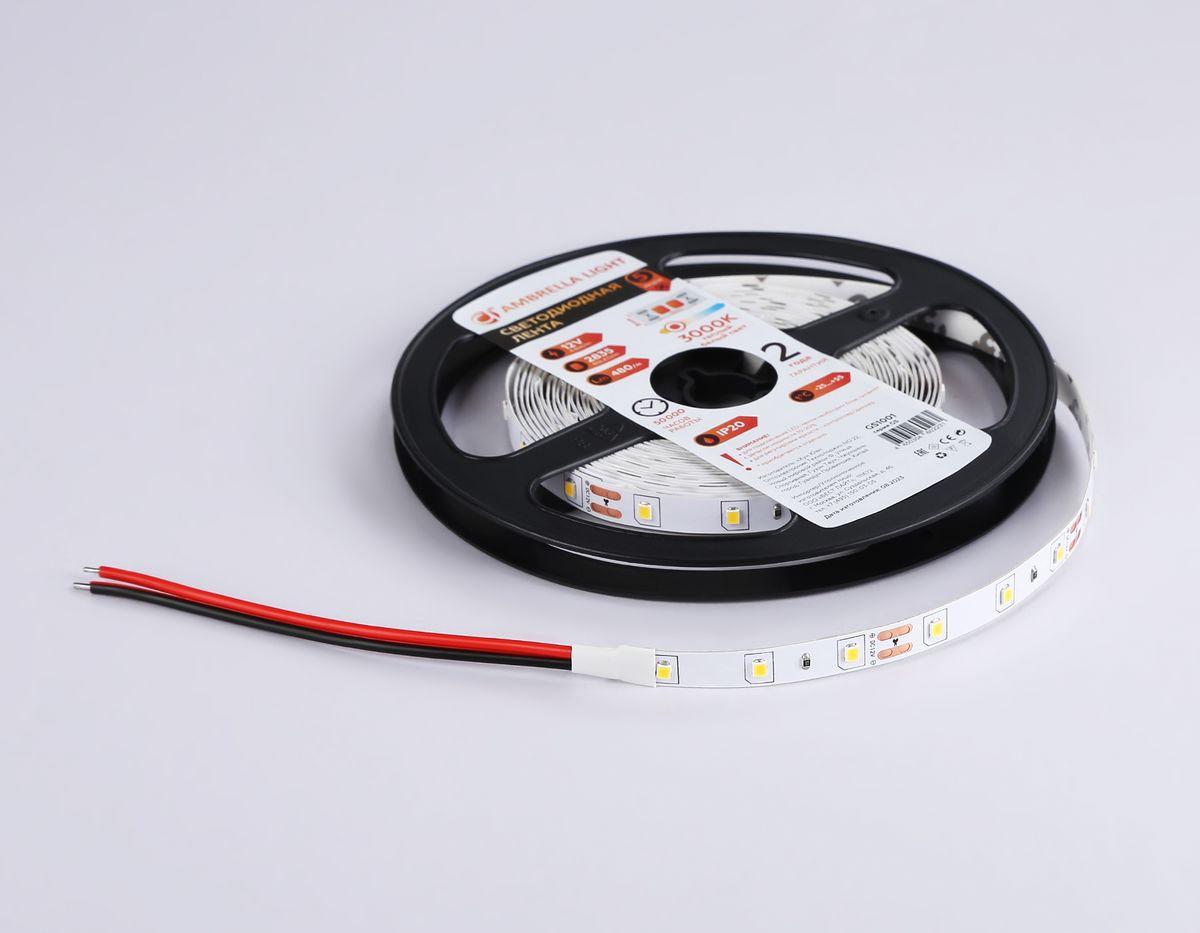 фото светодиодная лента теплый белый ambrella light 4,8w/m 60led/m 2835smd 3000к 5m gs1001 | 220svet.ru