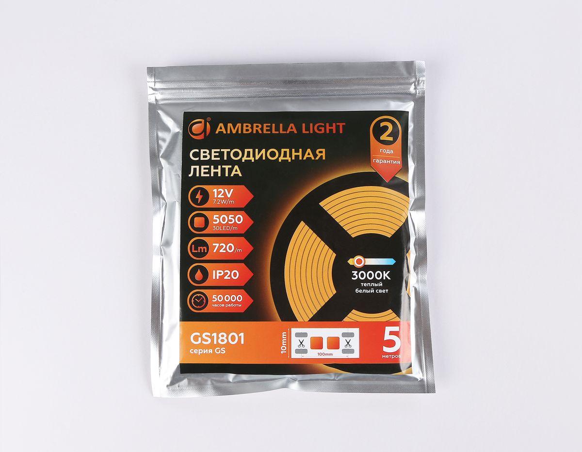 фото светодиодная лента теплый белый ambrella light 7,2w/m 30led/m 5050smd 3000к 5m gs1801 | 220svet.ru