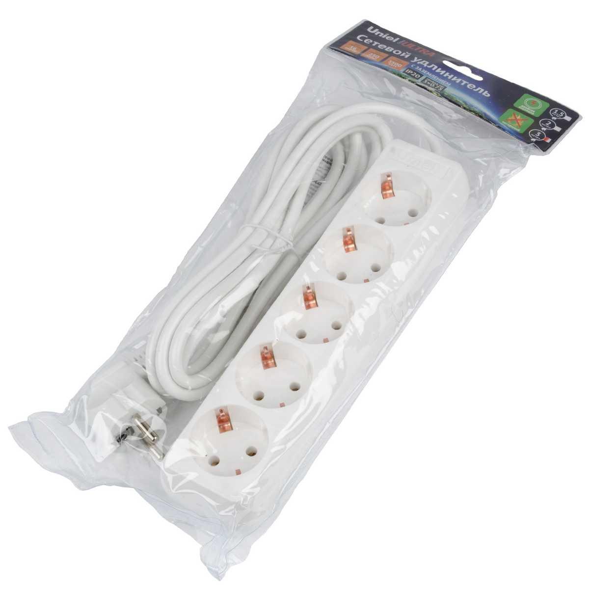 фото удлинитель uniel 5гн х 3м с/з s-gcu5-3 white ul-00010008 | 220svet.ru